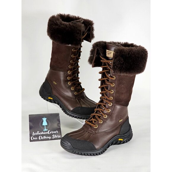 UGG Adirondack Women's Brown Leather & Fur Tall Lace-Up Boots Size 6 313 - Picture 5 of 15